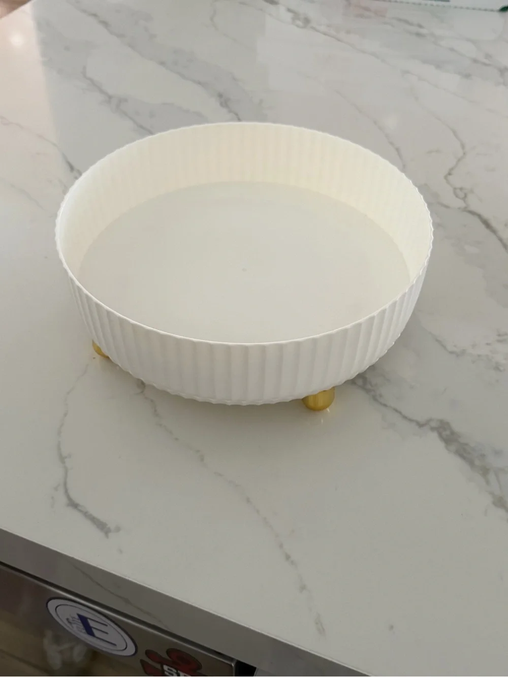 White Ceramic Footed Serving Bowl with Gold Accent